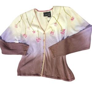 Easel Y2KOmbre Purple Floral Embroidered Cotton Cardigan Sweater Size Large NWT